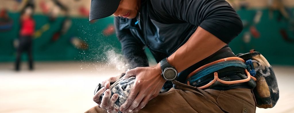 Climber chalking up from a chalk bag, dust in the air, blurred wall of holds behind