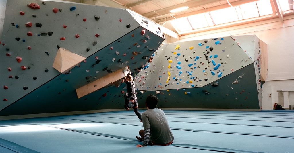 Bouldering gym with steep grey walls set with colour-coded routes, one climber on the overhang, another watching from the mats