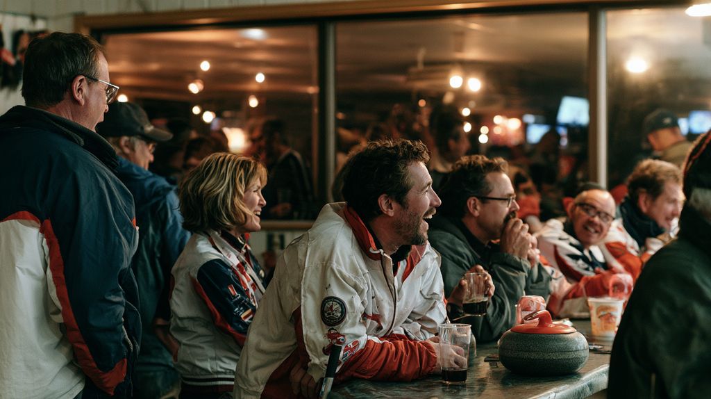 Curling club bar after a bonspiel, players in team jackets laughing along the counter