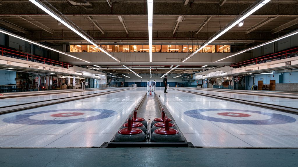 Six-sheet curling rink from the home end, houses in perspective, lounge windows glowing above