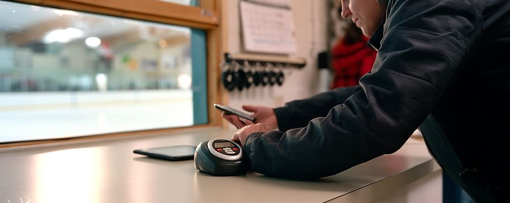 Front desk of a community sports club: a member's phone held to a card reader, fobs on hooks, the empty hall visible through the window behind