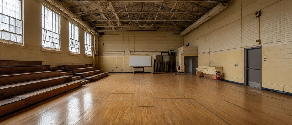 Empty community recreation hall in morning light, folded wooden bleachers, blank whiteboard, bare polished floor