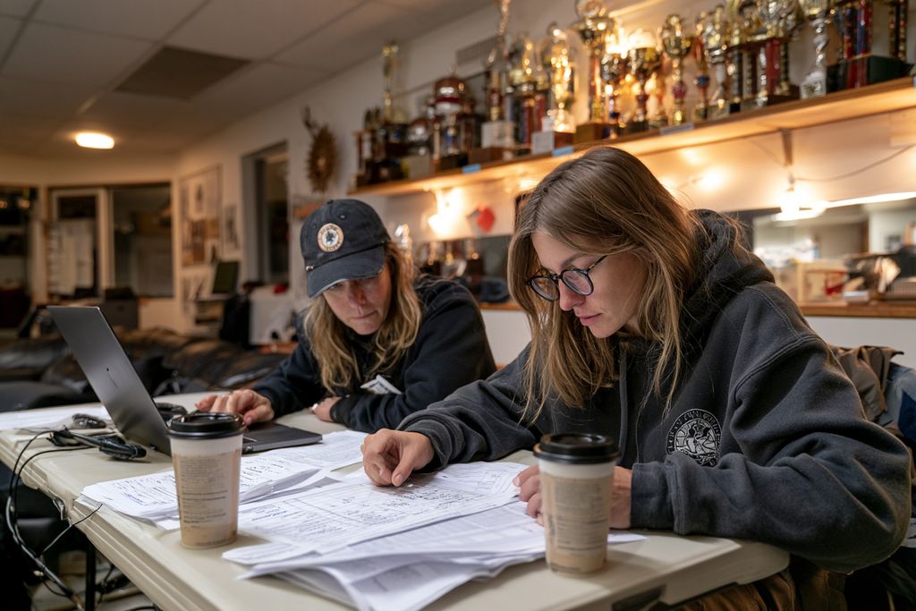 Two club volunteers at a folding table working through the draw on paper and a laptop, trophy shelf behind them
